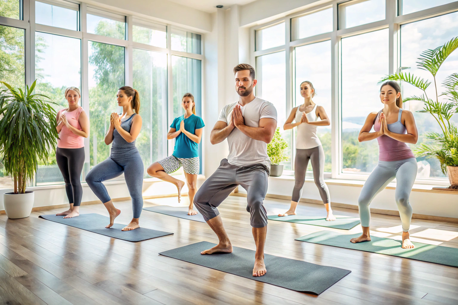 A group of people in a yoga studio performing various yoga poses, including standing and seated positions, in a peaceful environment with natural light and no visible text or symbols