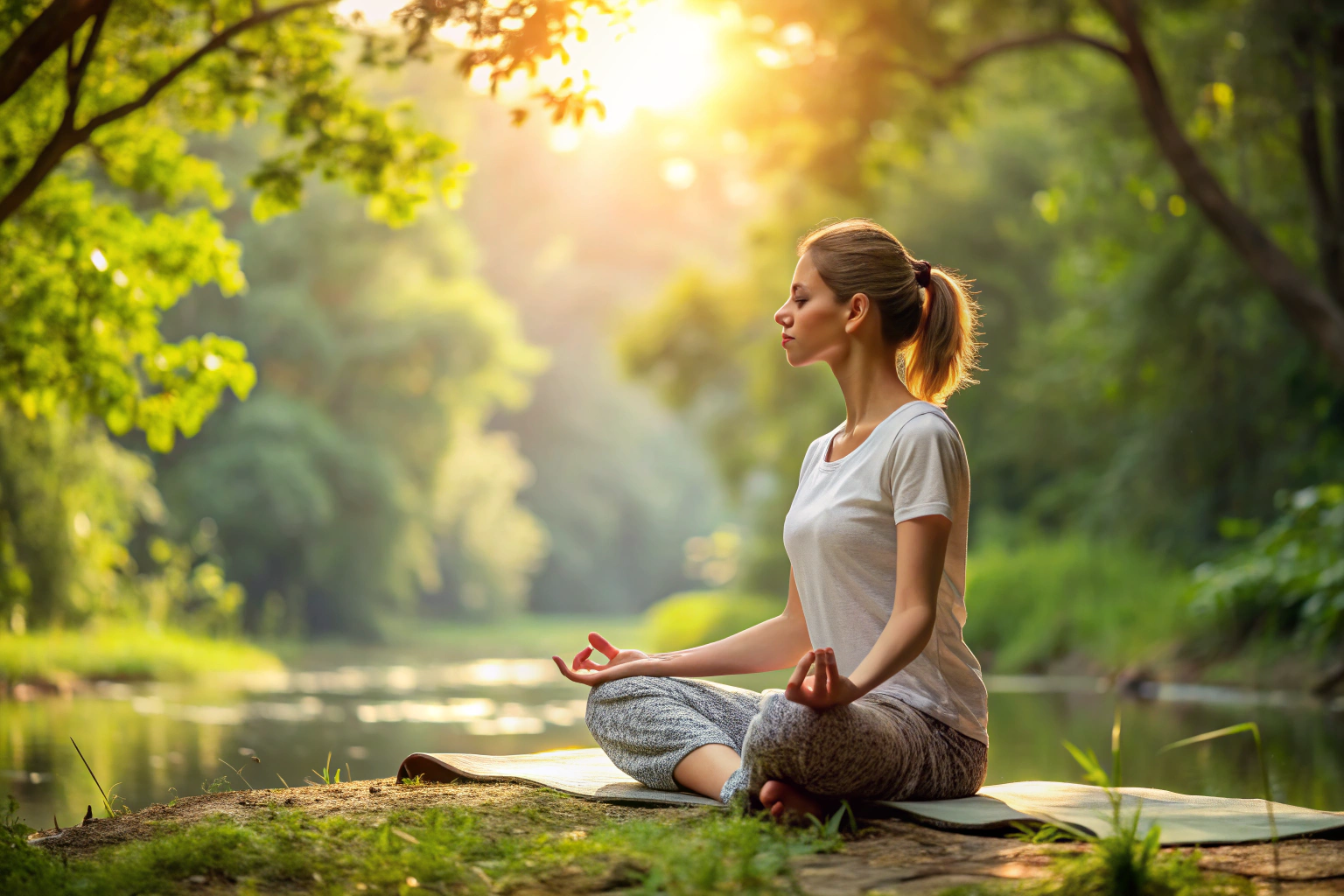 Egy nyugodt környezetben meditáló személy, természetes fényekkel, mentális béke és koncentráció ábrázolása